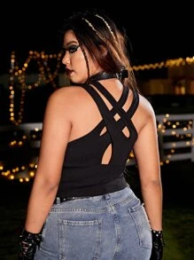 ROMWE PUNK Plus Cut Out Crisscross Front Halter Top - Black - View 2