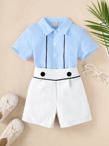 Toddler Boys Button Front Shirt & Shorts - Blue and White - View 1
