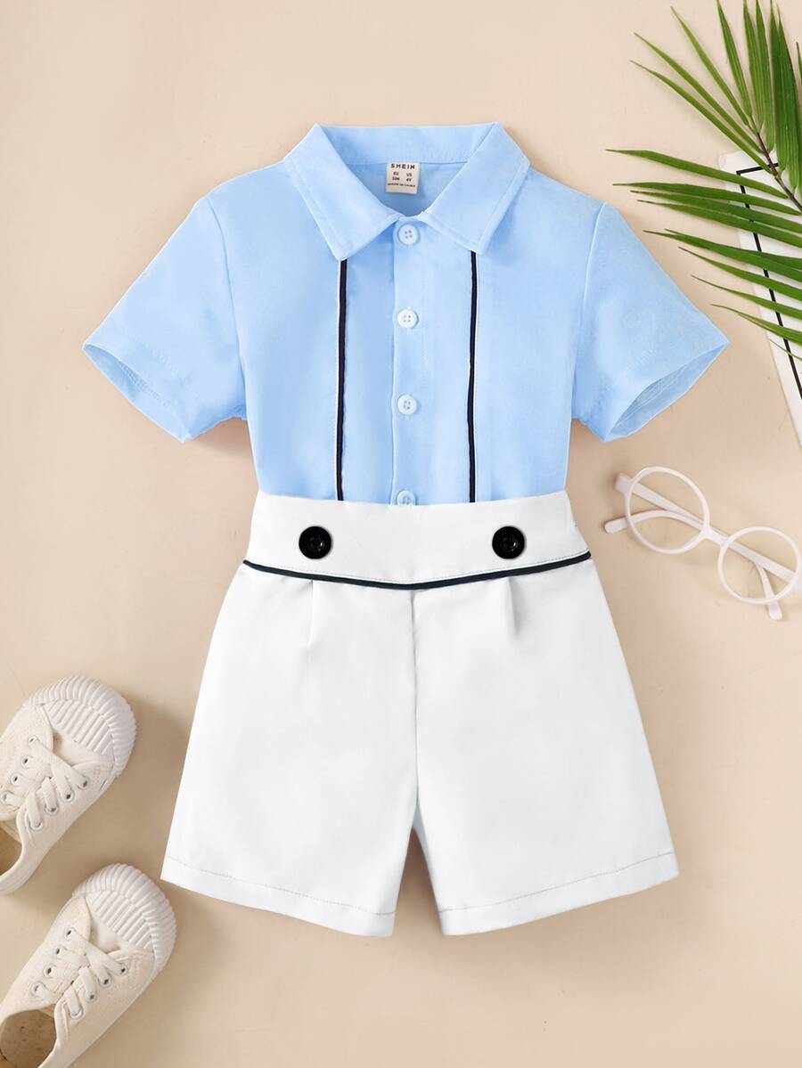 Toddler Boys Button Front Shirt & Shorts - Blue and White - View 1