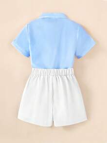 Toddler Boys Button Front Shirt & Shorts - Blue and White - View 2