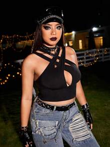 ROMWE PUNK Plus Cut Out Crisscross Front Halter Top - Black - View 5