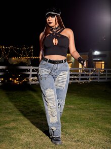 ROMWE PUNK Plus Cut Out Crisscross Front Halter Top - Black - View 6