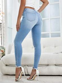 SHEIN Essnce Quần jean nữ Ngọc trai Túi Hem thô Pha lê kim cương Dây kéo màu trơn - Rửa nhẹ - Xem 3