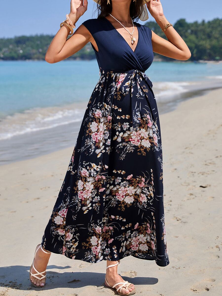 SHEIN Maternity Floral Print Surplice Neck Belted Dress - Multicolor - View 1