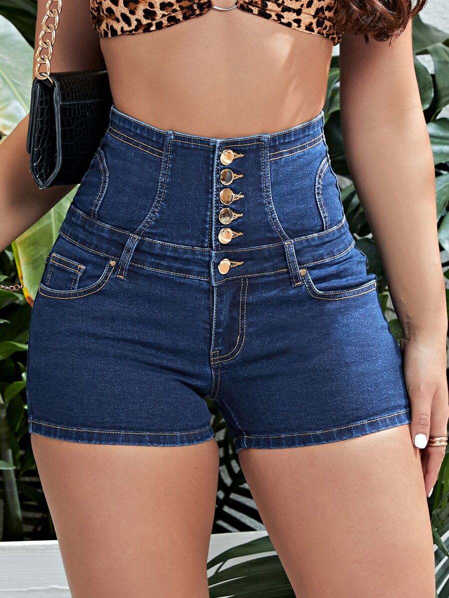 SHEIN Essnce Quần short denim nữ Nút phía trước màu trơn - Rửa tối - Xem 1
