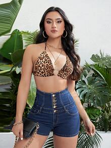 SHEIN Essnce Quần short denim nữ Nút phía trước màu trơn - Rửa tối - Xem 4