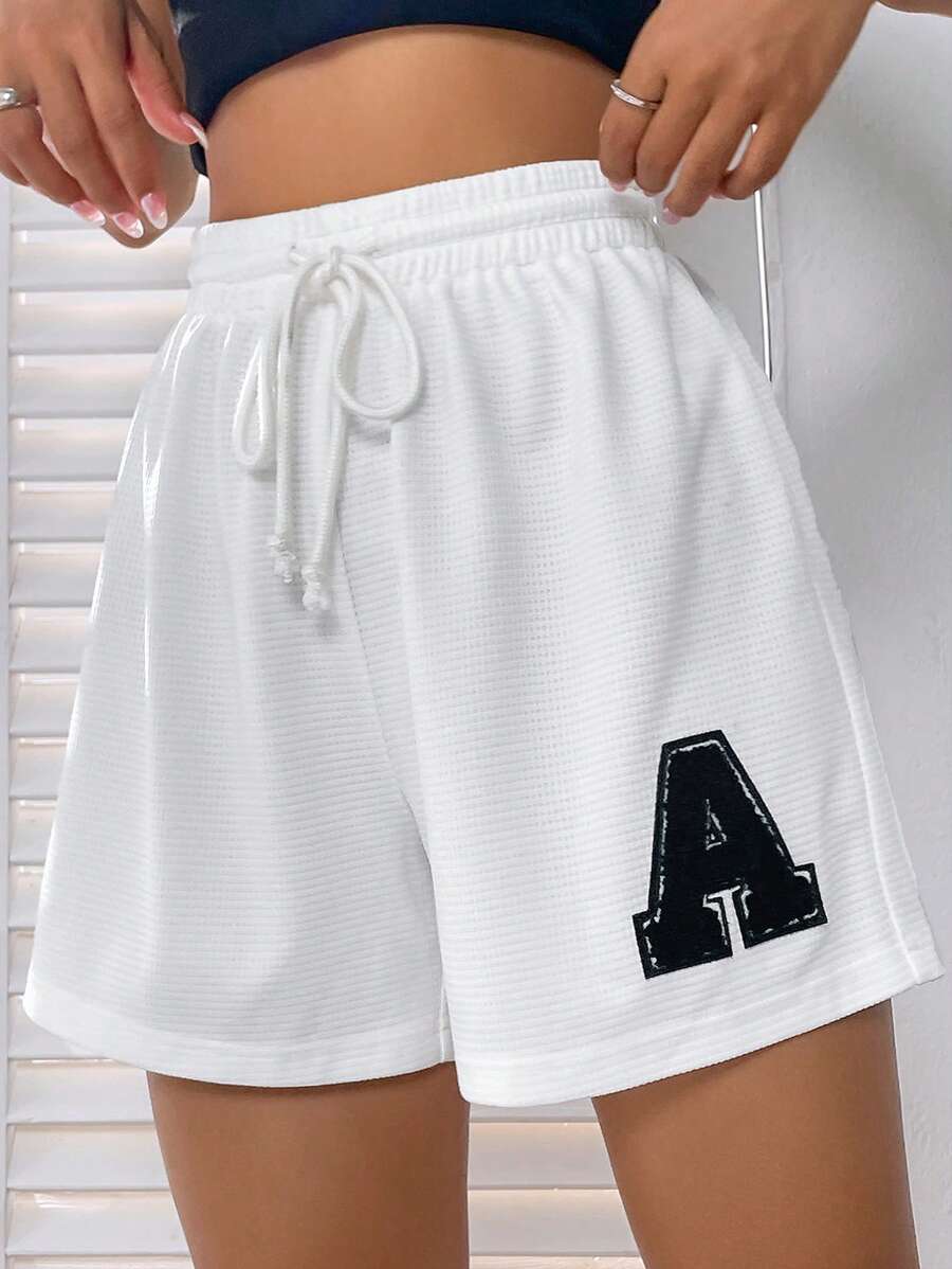 SHEIN EZwear Letter Patched Drawstring Waist Shorts - White - View 1
