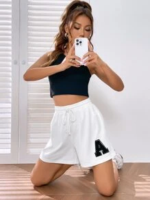 SHEIN EZwear Letter Patched Drawstring Waist Shorts - White - View 2