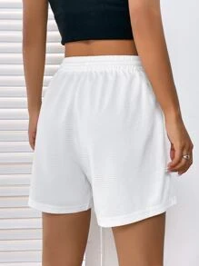 SHEIN EZwear Letter Patched Drawstring Waist Shorts - White - View 4