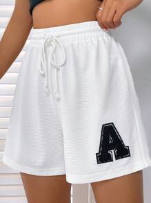 SHEIN EZwear Letter Patched Drawstring Waist Shorts - White - View 6