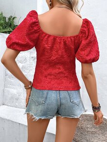 SHEIN VCAY Áo sơ mi nữ màu trơn Giải trí - Đỏ - Xem 2