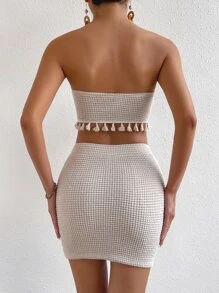 Chiquease Bộ đồ hai mảnh nữ Bất đối xứng Tua Trọn gói màu trơn Boho - Màu be - Xem 2