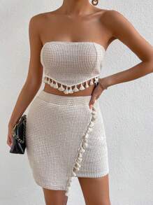 Chiquease Bộ đồ hai mảnh nữ Bất đối xứng Tua Trọn gói màu trơn Boho - Màu be - Xem 4