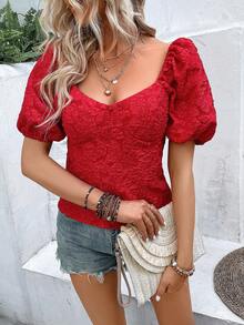 SHEIN VCAY Áo sơ mi nữ màu trơn Giải trí - Đỏ - Xem 6