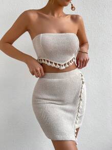 Chiquease Bộ đồ hai mảnh nữ Bất đối xứng Tua Trọn gói màu trơn Boho - Màu be - Xem 5