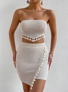 Chiquease Bộ đồ hai mảnh nữ Bất đối xứng Tua Trọn gói màu trơn Boho - Màu be - Xem 6