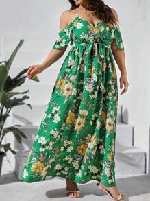 SHEIN VCAY Vestido con cinturón con estampado floral de hombros descubiertos de muslo con abertura - Multicolor - Ver 1