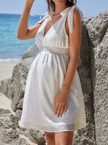 SHEIN Maternity Tie Shoulder V Neck Dress - White - View 5