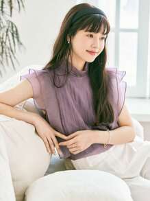 DAZY Chất rắn Cổ giả Viền Ruffle Áo sơ mi - Màu tím - Xem 1