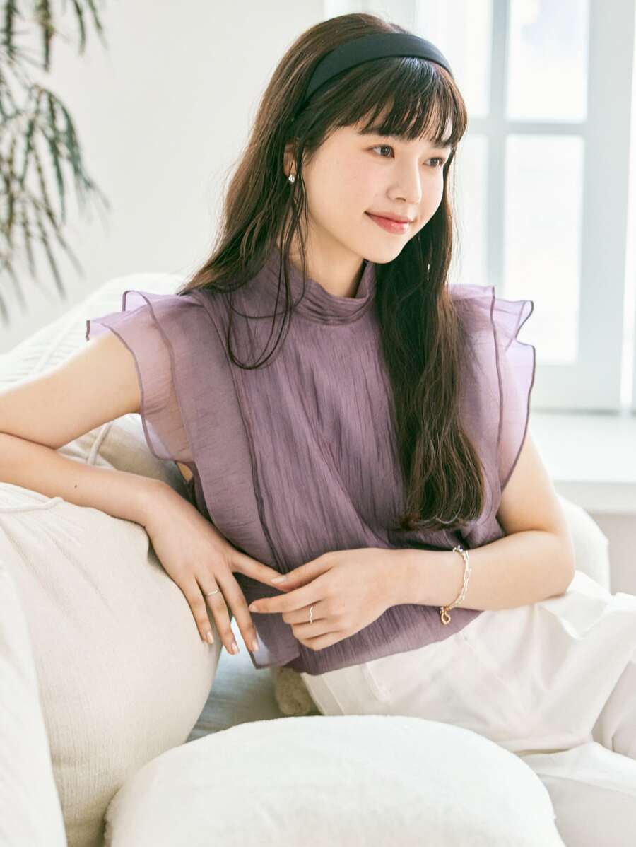 DAZY Chất rắn Cổ giả Viền Ruffle Áo sơ mi - Màu tím - Xem 1