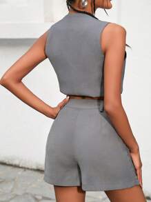 SHEIN EZwear Quần đùi nữ Xếp li Dây kéo Nút phía trước màu trơn Giải trí - Xám - Xem 2