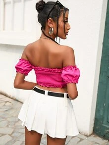 SHEIN ICON Áo nữ viền lá sen Xù Dải chun màu trơn Boho - Màu Hồng Tươi - Xem 2