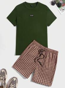 Manfinity Men Slogan Patched Tee & Plaid Drawstring Waist Shorts - Multicolor - View 1