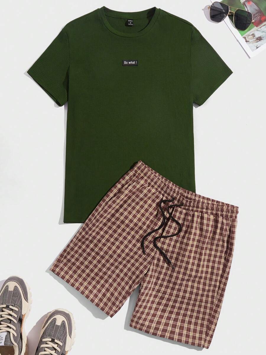 Manfinity Men Slogan Patched Tee & Plaid Drawstring Waist Shorts - Multicolor - View 1