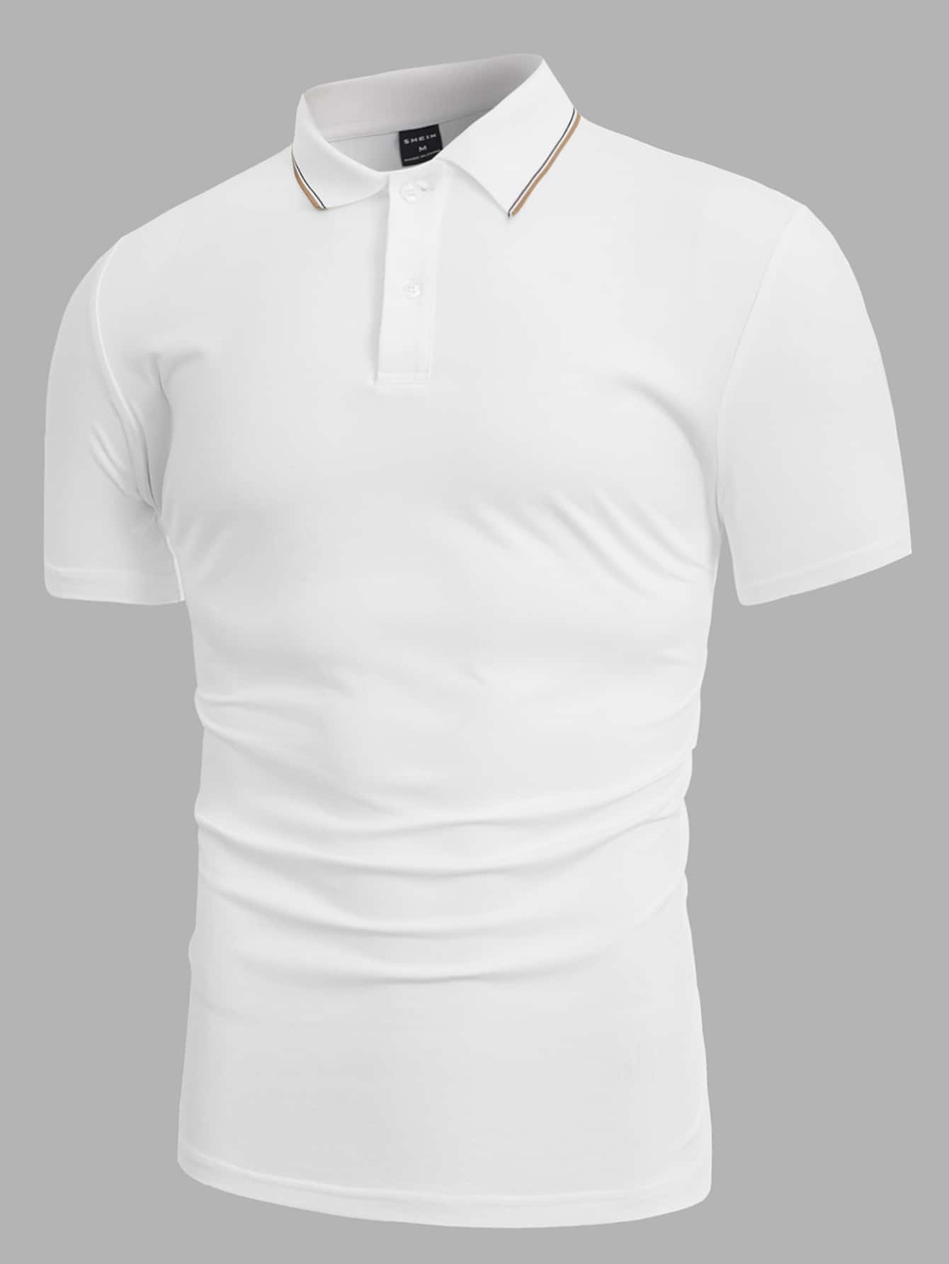 Manfinity VCAY 男士條紋飾邊 Polo 衫,白色休閒工作 Polo 衫,適合丈夫、度假、父親節禮物、足球運動 - 白色 - 查看 1