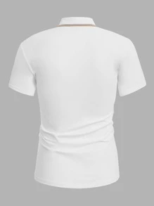 Manfinity VCAY 男士條紋飾邊 Polo 衫，白色休閒工作 Polo 衫，適合丈夫、度假、父親節禮物、足球運動 - 白色 - 查看 2