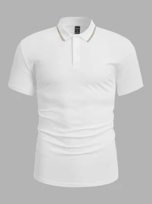 Manfinity VCAY 男士條紋飾邊 Polo 衫，白色休閒工作 Polo 衫，適合丈夫、度假、父親節禮物、足球運動 - 白色 - 查看 3