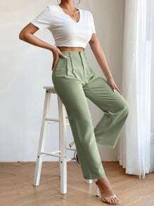 SHEIN PETITE High Waist Plicated Detail Straight Leg Trousers - Mint Green - View 1