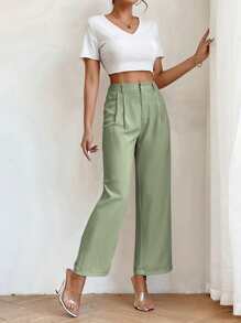SHEIN PETITE High Waist Plicated Detail Straight Leg Trousers - Mint Green - View 3