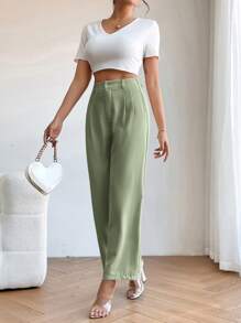 SHEIN PETITE High Waist Plicated Detail Straight Leg Trousers - Mint Green - View 4