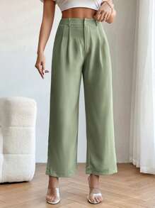 SHEIN PETITE High Waist Plicated Detail Straight Leg Trousers - Mint Green - View 5