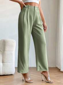 SHEIN PETITE High Waist Plicated Detail Straight Leg Trousers - Mint Green - View 6