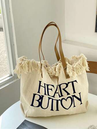 Letter Graphic Shoulder Tote Bag Oversized Canvas