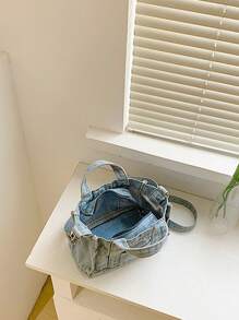 Minimalist Square Bag Small Portable Denim, Vintage Jean Purse For Women - Blue - View 4