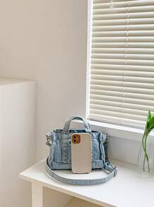 Minimalist Square Bag Small Portable Denim, Vintage Jean Purse For Women - Blue - View 5