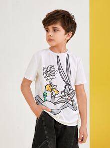 LOONEY TUNES X SHEIN Tween Boy Cartoon & Letter Graphic Tee - White - View 1