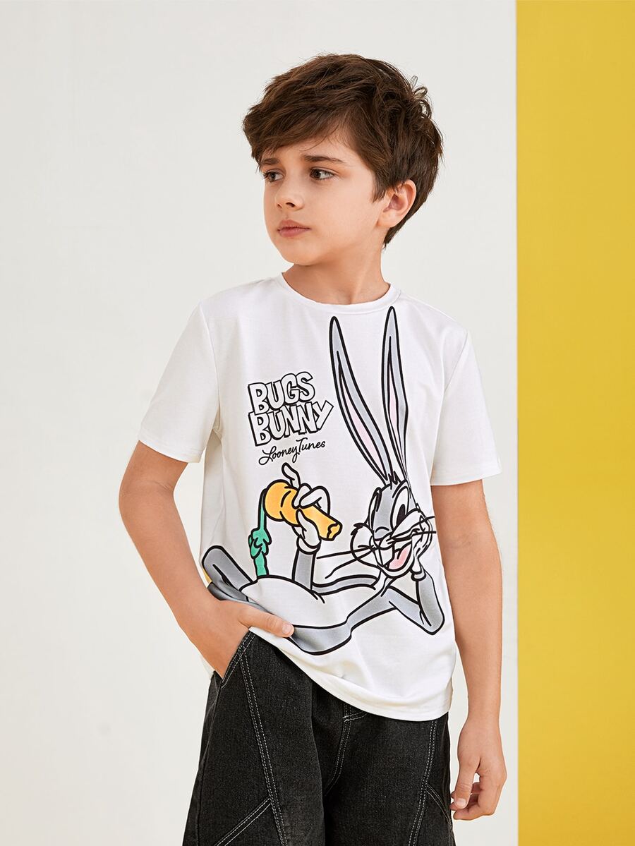 LOONEY TUNES X SHEIN Tween Boy Cartoon & Letter Graphic Tee - White - View 1