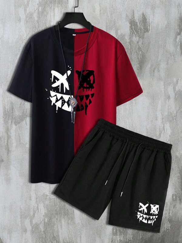 Manfinity Roughcore 男士卡通圖案雙色T恤和腰部抽繩短褲