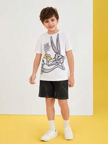 LOONEY TUNES X SHEIN Tween Boy Cartoon & Letter Graphic Tee - White - View 3