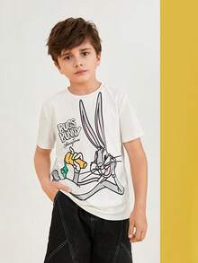 LOONEY TUNES X SHEIN Tween Boy Cartoon & Letter Graphic Tee - White - View 4