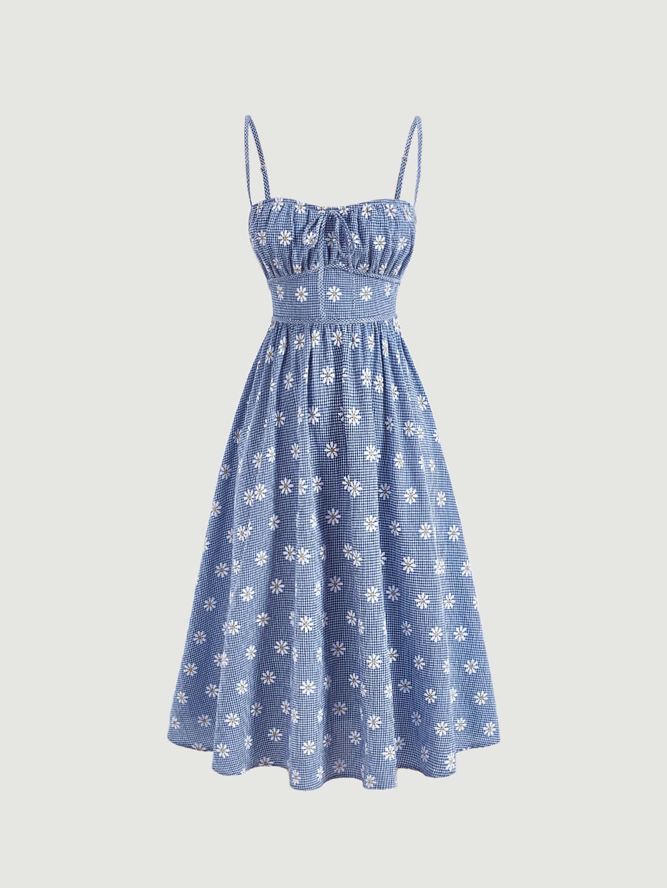 SHEIN MOD Gingham Floral Print Ruched Bust Cami Dress,Backless - Blue - View 1