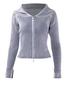Chaqueta de punto de manga larga con cremallera doble de cuello vuelto, ajustada, con ombligo expuesto, para uso diario y viajes, para mujer