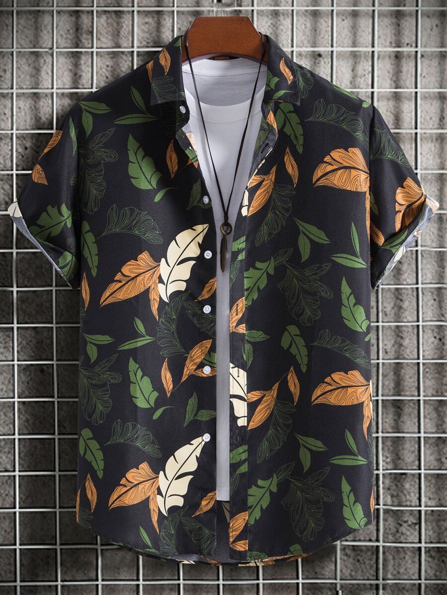 Genlund Men 1pc Random Plants Print Button Up Shirt - Black - View 1