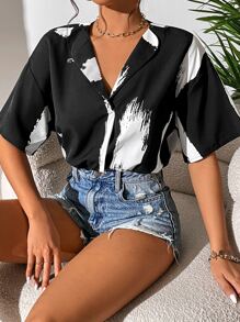 SHEIN Frenchy Brush Print Drop Shoulder Bodysuit Summer Black - Black - View 1