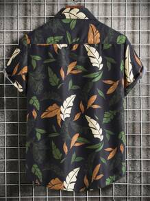 Genlund Men 1pc Random Plants Print Button Up Shirt - Black - View 2