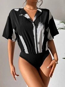 SHEIN Frenchy Brush Print Drop Shoulder Bodysuit Summer Black - Black - View 3